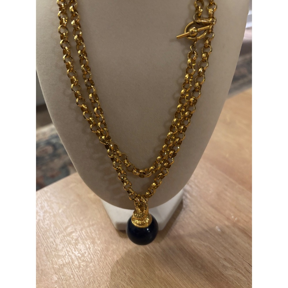 Anne Klein Gold Tone long Strand Rolo Chain Navy Blue Orb Pendant Necklace VTG - Picture 4 of 9
